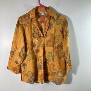 Womens Harve Benard Linen Blend Floral Button Shirt Peach Silver L 1/2 sleeve‎